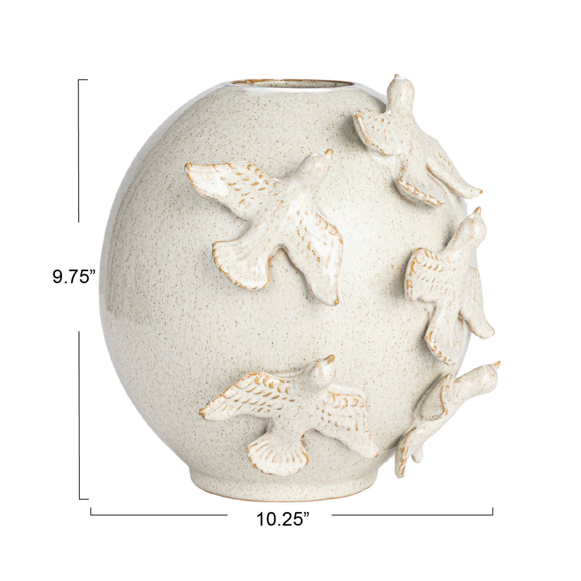 Hello Honey® 10.25" Cream with Reactive Glaze Birds Stoneware Vase